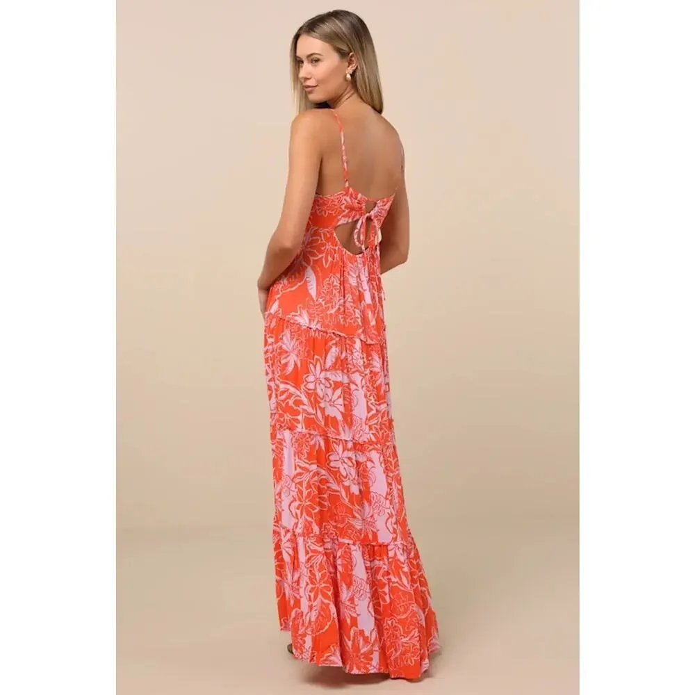 NWT Roxy Warm Rays Coral Tropical Print Tiered Tie-Back Maxi Dress M - Picture 3 of 5